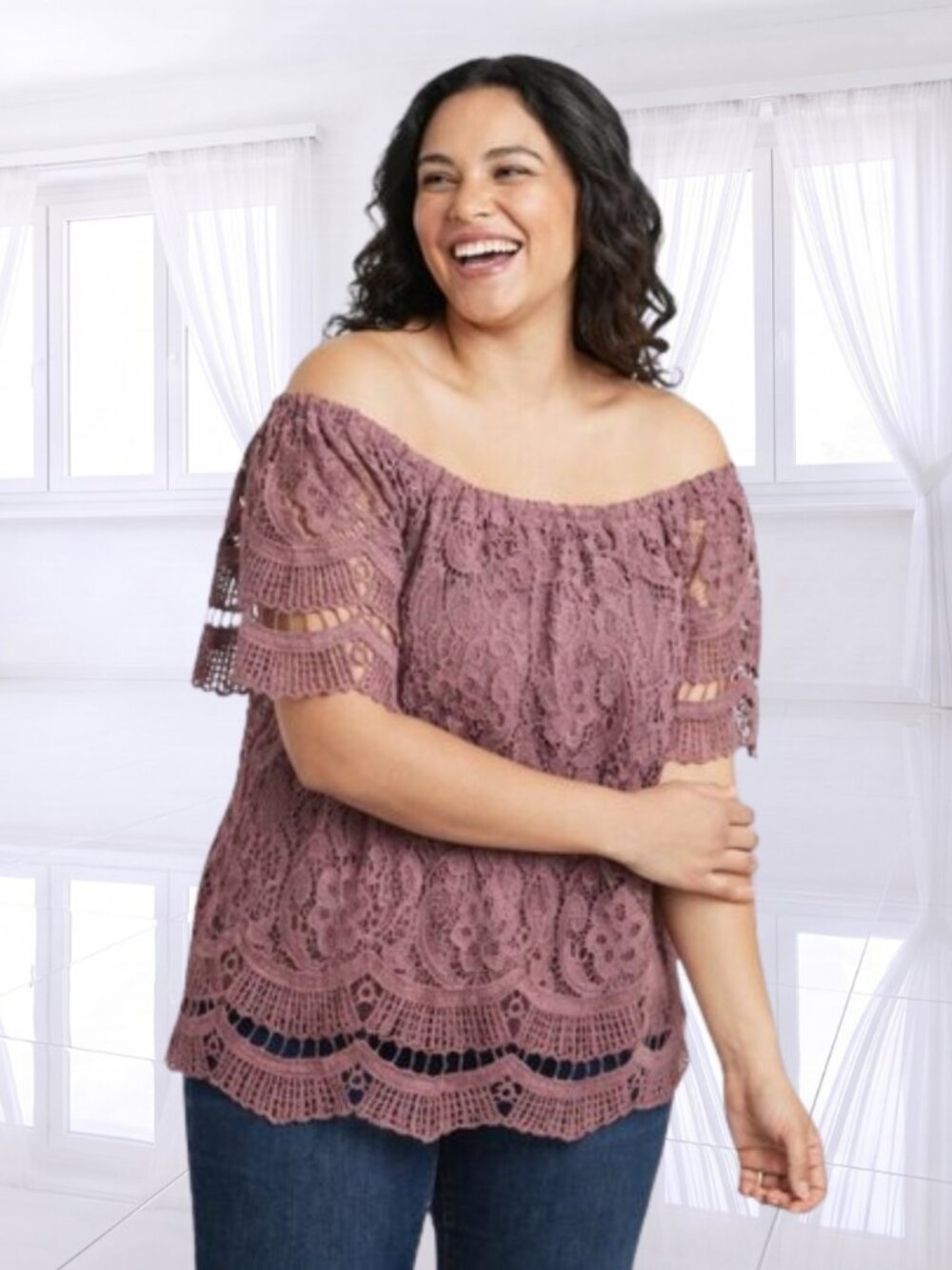 K. Jordan XL Lace Boho Top - Beautiful Mauve Crochet Detail, Timeless Piece